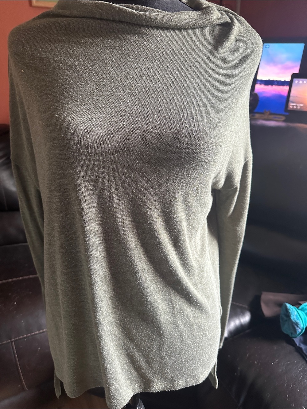 Leith Olive Green Lightweight Draped Neck Long-Sleeve Top